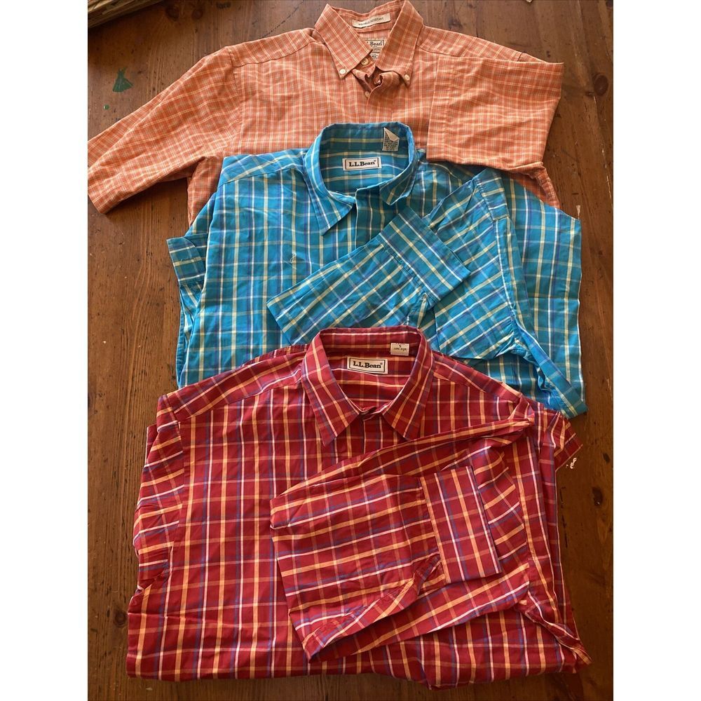 (3) L.L. Bean Mens Small Plaid Dress Shirts Gingham Cotton 2 Long Sleeve 1 Short